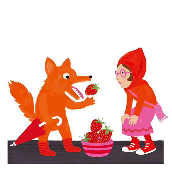 Illustration zeigt einen Wolf, der die Erdbeeren aus dem Korb von Rotkäppchen nascht
