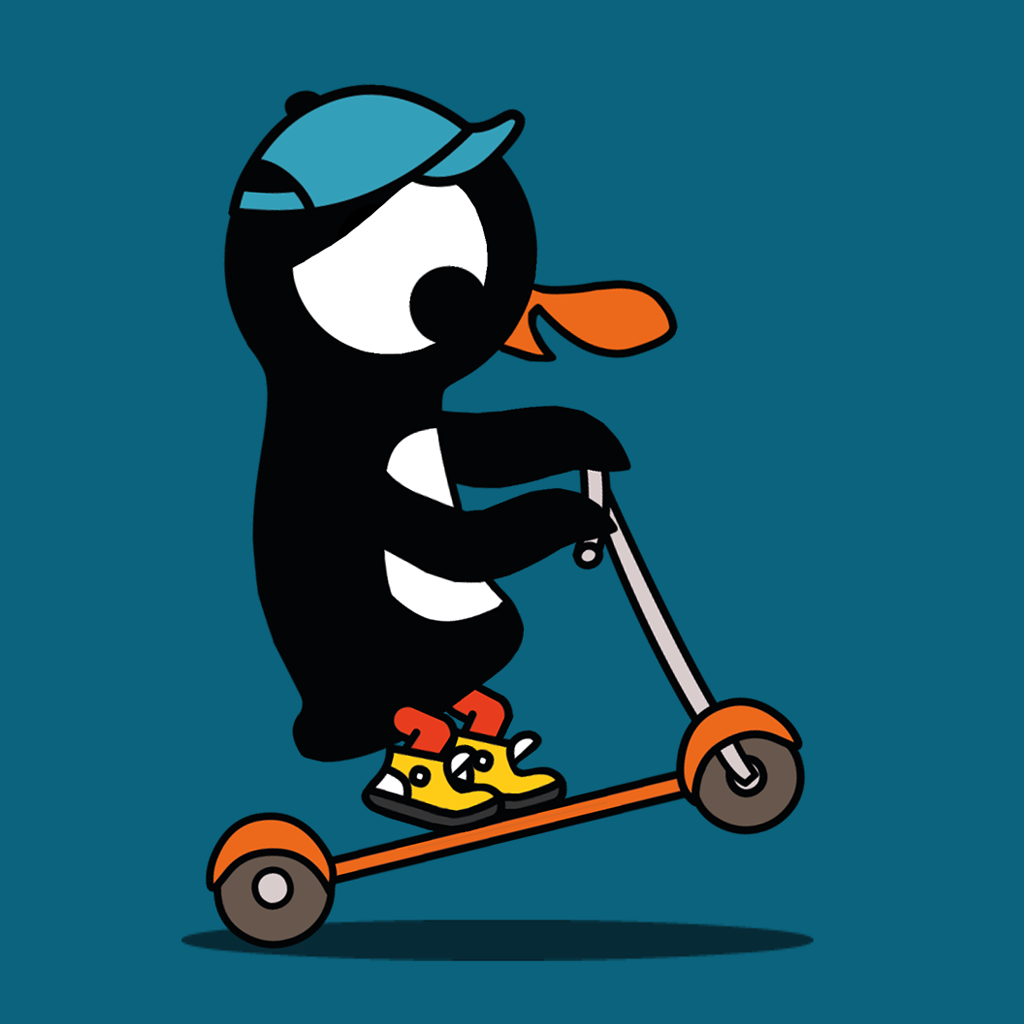 Vektorillustration zeigt Pinguin Pingu auf seinem Tretroller