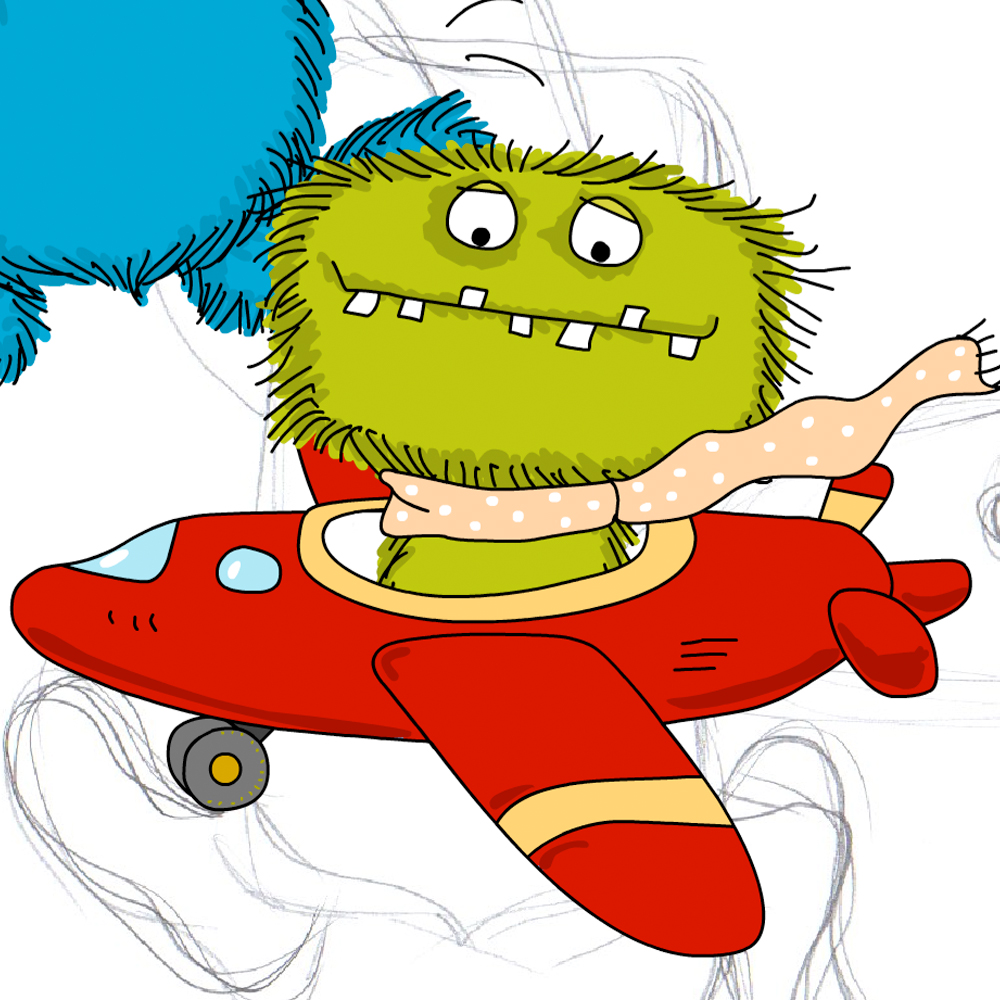 Illustration zeigt ein grünes Monster in einem Flugzeug sitzen