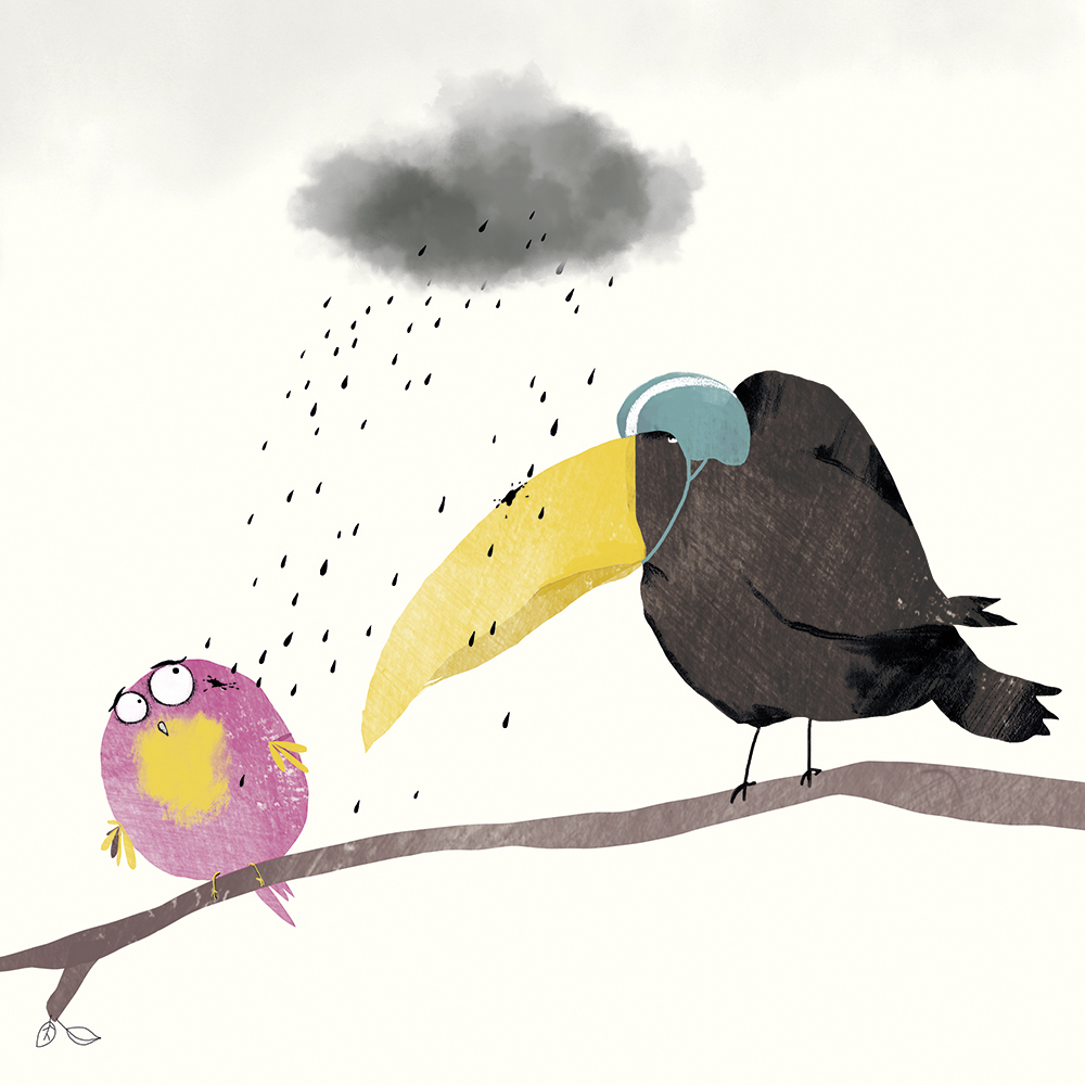 Illustration zeigt zwei Vögel auf einem Ast sitzend mit einer einzigen Regenwolke über ihnen