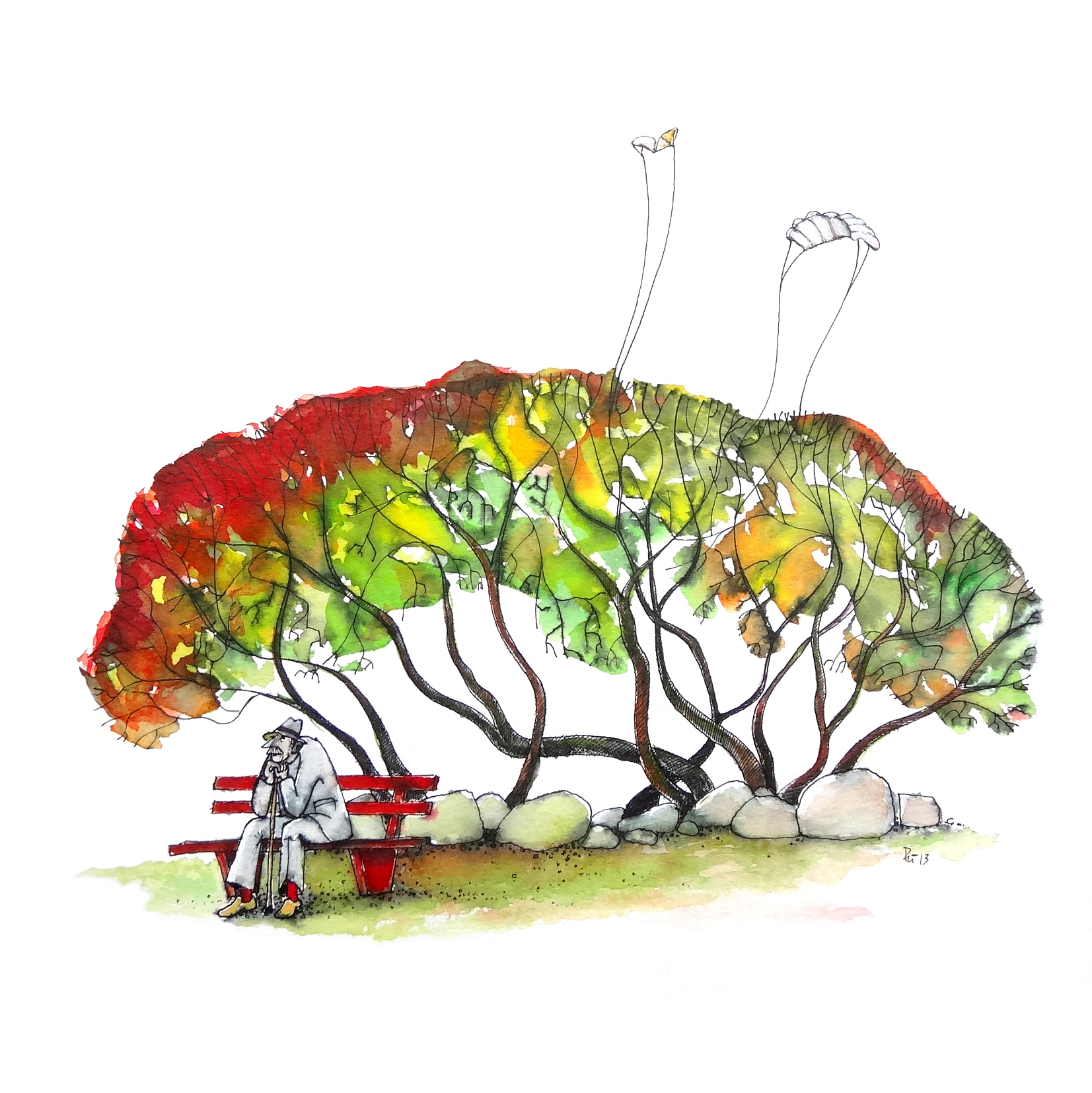 Aquarell, dass einen alten Mann auf einer Bank sitzend vor einem Baum, mit Blättern in Herbstfarben, zeigt