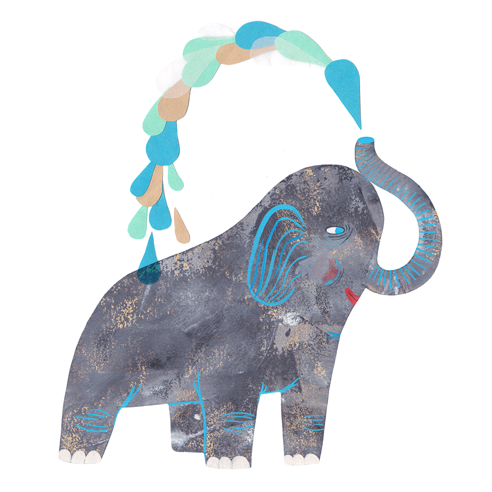 Die Illustration zeigt einen Elefanzen, der mit seinem Rüssel Wasser über sich spritzt