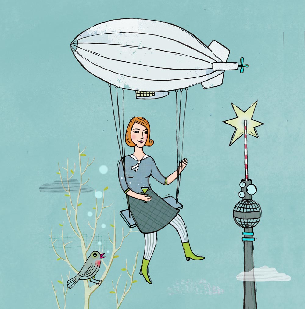 Die Illustration zeigt eine Frau per Zeppelin über Berlin fliegen