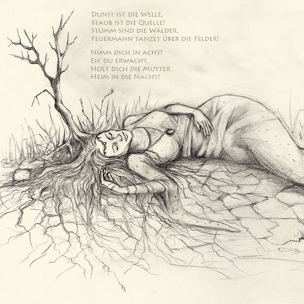 Illustration zeigt eine Frau auf dem Boden liegend. Aus ihren Haaren wächst ein Baum